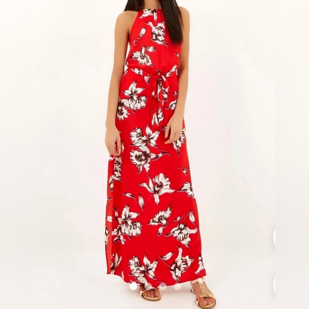 RIVER ISLAND Scarlet Floral Haulter Maxi Dress Tie-back Wedding Guest Size US 8